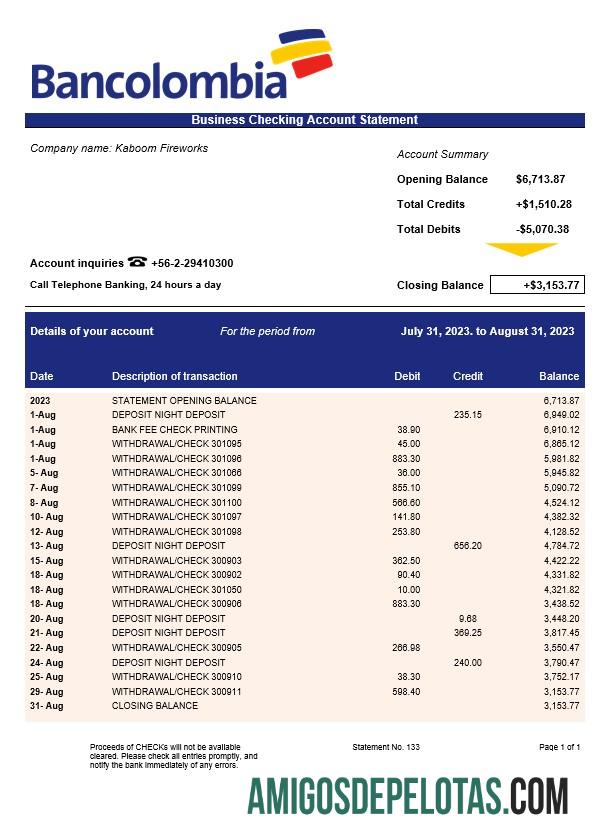 Em branco Bancolombia Bank Firm Statement modelo Word e PDF
